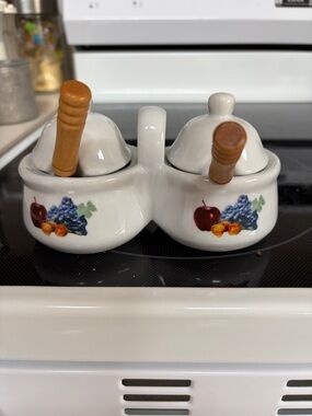 Ceramic Double Condiment Set with Fruit Motif and Wooden handled Spoons